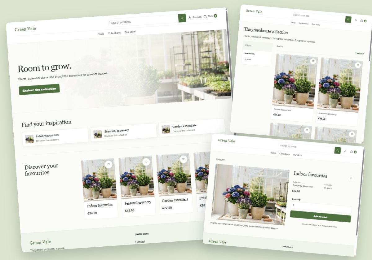 Green Vale: home, collection and product page examples