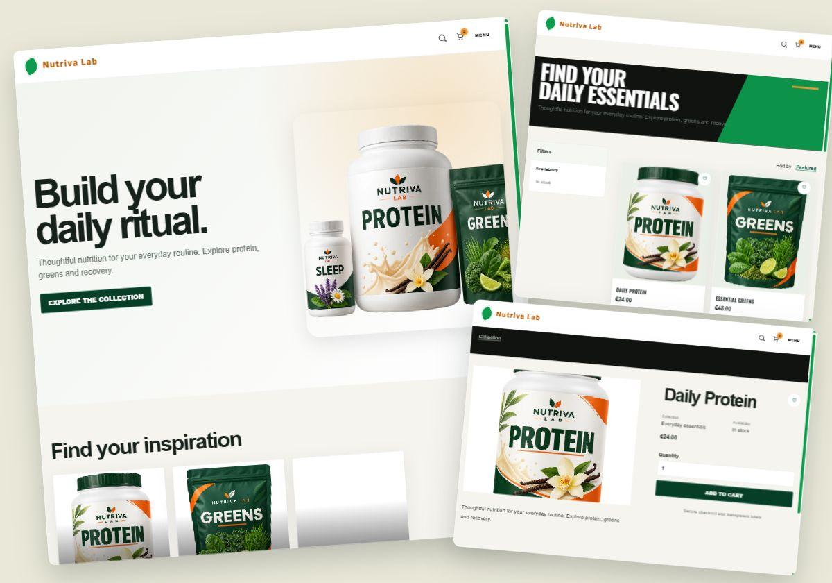 Nutriva Lab: home, collection and product page examples